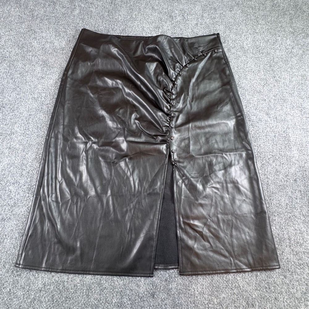 Cache Black Faux Leather Midi Skirt with Front Button Ruched Detail